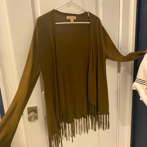 Michael Kors fringe olive green open sweater